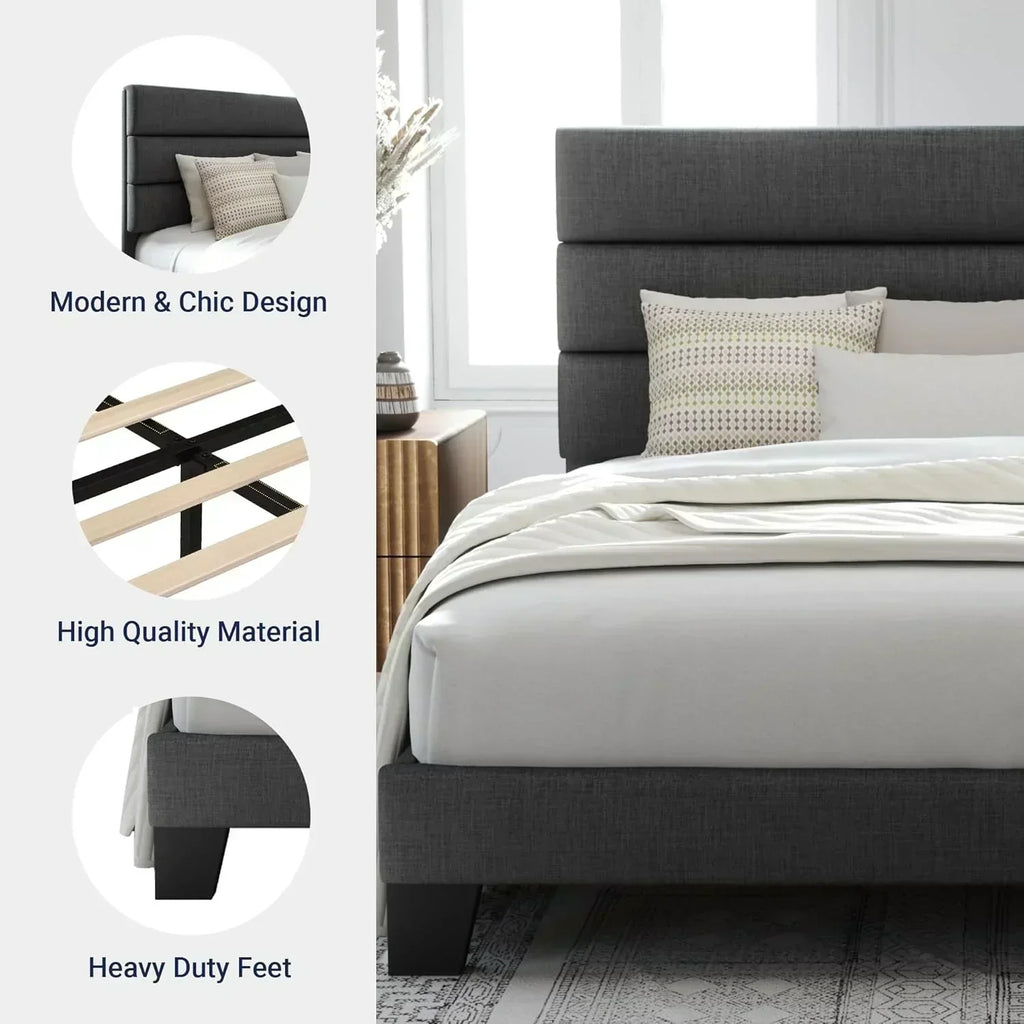 Allewie King size platform bed frame with velvet upholstered headboard and planks