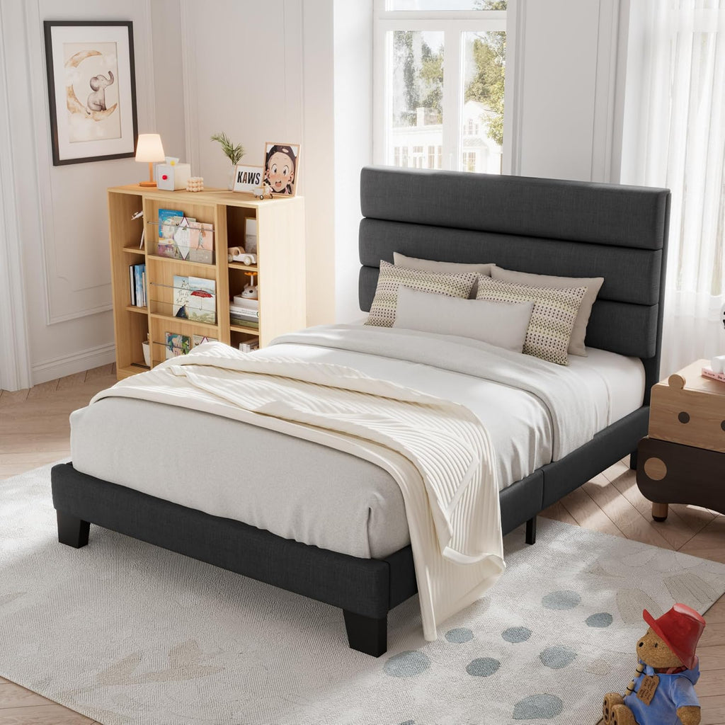 Allewie Queen Size Platform Bed Frame Fabric Upholstered Headboard Wooden Slats Support