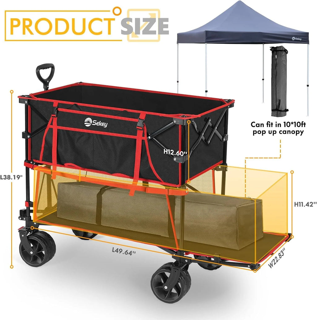 400L Large Capacity Folding Double Decker Wagon with Brakes, 50 Extra Long Extender Cart, 500lbs Heavy Duty Collapsible Wagons