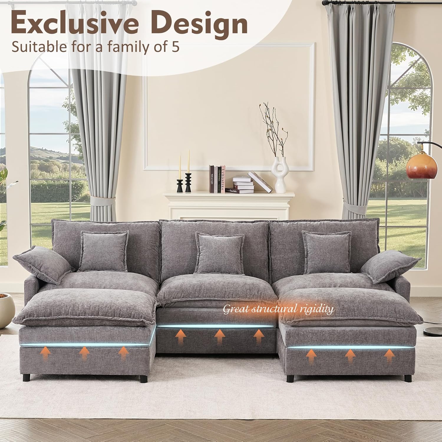 108 Inch U Shape Sofa Sectional Sofa Comfortable Cloud Sofa with Removable Footstool